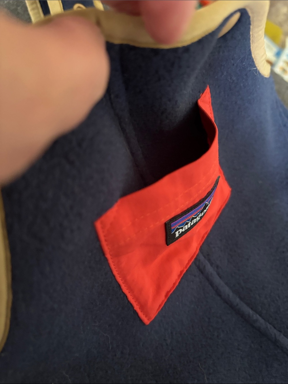 Patagonia Kids Synchilla Navy Fleece overalls with Red Pocket and Tan Trim - Picture 5 of 6